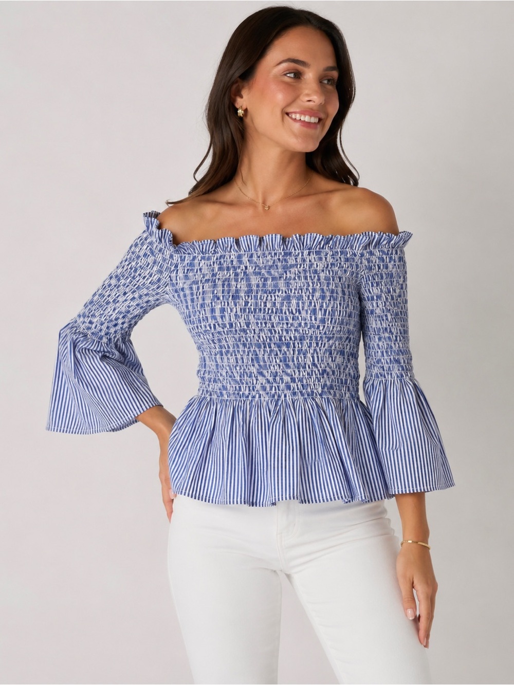 Joseph Ribkoff Blue and White Striped Off-Shoulder Smocked Top Size M Nautical